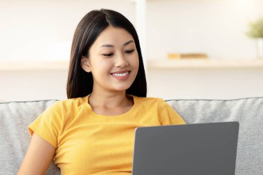 Sadık köpek evdeki kanepede dizüstü bilgisayar kullanıyor Jack Russel Terrier ve mutlu Asyalı kadın arkadaşlarıyla sohbet ediyor internetten film izliyor, evcil hayvan ve insan konsepti, kopyalama alanı.