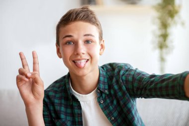 Yakışıklı genç çocuk selfie çekiyor, dil ve barış jesti gösteriyor, sosyal medyada paylaşıyor, ev içi, gençlik tarzı