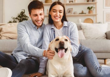 Evcil hayvan. Modern apartmanda yerde oturmuş köpeğini okşayan heyecanlı bir çiftin portresi.