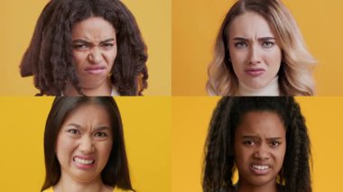 Dört birey, duygularında çeşitlilik gösteren parlak sarı bir arkaplan karşısında farklı duygular sergiliyor. İfadeler şaşkınlıktan iğrenmeye değişir, farklı tepkileri yansıtır..