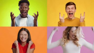 Renkli arka planlara karşı mutluluk ve heyecan da dahil olmak üzere dört kişi çeşitli duygular sergiliyor. Değişik ifadeleri, yaşam tarzı bağlamlarındaki olumlu duyguların gücünü vurgular..