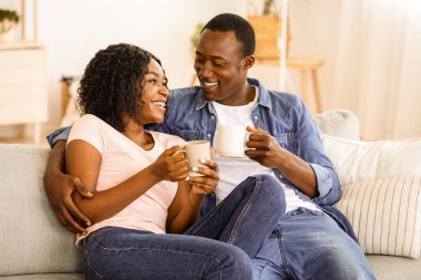 Genç Afro-Amerikan erkek ve kadın birlikte hafta sonunun tadını çıkarıyorlar, evdeki kanepede birlikte oturuyorlar, sarılıyorlar, çay içiyorlar, kahve içiyorlar ve sohbet ediyorlar, rahat bir oturma odası, boş bir alan.