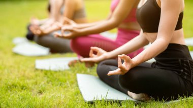 Genç kadınların parkta meditasyon ya da yoga yaparken nefes alışlarını yakından izlemek, boş alan