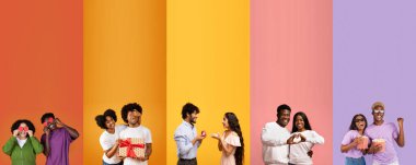 Sevgililer Günü 'nü birlikte kutlayan çiftlerin neşeli bir karışımı. Sevgisini hediyelerle, kahkahalarla ve kalp sembolleriyle renkli arka planlara karşı ifade ederler..