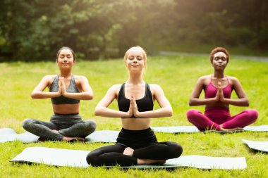 Spor elbiseli çok uluslu genç kızlar parkta, panoramada taze çimenler üzerinde yoga meditasyonu yapıyorlar.