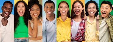 Canlı bir kolaj, neşe ve coşkuyu ifade eden farklı bireylerden oluşan bir grup sunar. Gülüşleri ve neşeli ifadeleri neşe dolu bir atmosfer yaratıyor..