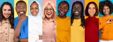 Canlı bir kolaj, çeşitli geçmişleri temsil eden çeşitli mutlu bireyleri gösteriyor. Her insan neşe sergiler, pozitif ve eğlenceli hayat tarzını yakalar..