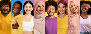 Yedi birey mutluluğu ve pozitifliği ifade ediyor, çeşitliliği renkli bir ortamda sergiliyor. Parlak kıyafetler giyen her insan, eşsiz tarzında neşe ve sıcaklığı paylaşır..