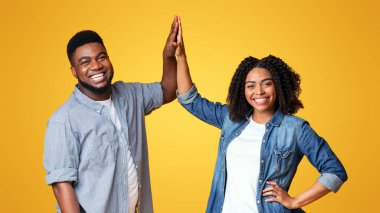 İki arkadaş başarılarını sevinçle bir beşlikle paylaşıyorlar. Birbirlerine güvenerek dururlar, pozitif enerji ve dostluk gösterirler canlı sarı bir arkaplana karşı..