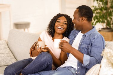 Siyah aşıklar genç adam ve kadın çay içip evde gülüyorlar. Güzel Afro-Amerikan çifti oturma odasında kanepede otururken kahve içiyor, hafta sonunu birlikte geçiriyorlar, uzay fotokopisi çekiyorlar.