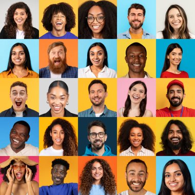 Çeşitli geçmişlerden neşeli bireylerin canlı bir koleksiyonu, neşe ve pozitifliği ifade ediyor. Her yüz, mutluluk ve çeşitliliğin eşsiz hikayelerini yansıtıyor..