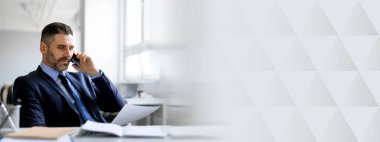 Orta yaşlı bir işadamı, çağdaş bir ofiste belgeleri incelerken bir telefon görüşmesi yapmış. Odaklanmış ve profesyonel görünüyor, girişimci başarısı ve hırsı, kopyalama alanı