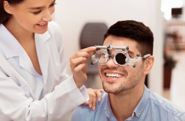 Gülümseyen bir hasta görme yeteneğini bir optometrist tarafından test ettiriyor. Muayene iyi aydınlatılmış bir klinikte gerçekleşiyor..