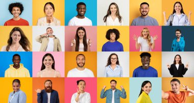 Neşeli yüzlerden oluşan canlı bir koleksiyonda mutluluğu ifade eden farklı bir grup insan sergileniyor. Her insan renkli bir arkaplana karşı pozitiflik yayar, çeşitliliği somutlaştırır..