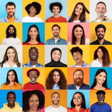 Neşe ve pozitifliği ifade eden, parlak, renkli arka planlara karşı koyan çok ırklı yüzler içeren canlı bir grup birey. Her insan mutluluk ve güven yayar..