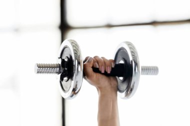 Dambıllarla egzersiz yap. Spor salonundaki ya da evdeki pazıların eğitimi için spor malzemelerini tutan kadın. Kapatın, boşluğu kopyalayın.