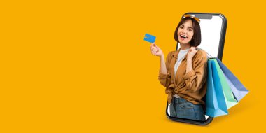 Alıcı internetten akıllı telefon kullanarak alışveriş yapar ve heyecanını gösterir. Renkli alışveriş çantaları parlak bir arkaplan eşliğinde cihaza bakarken bir kredi kartı tutuyorlar..