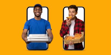 İki kişi akıllı telefonlardan online pizza sipariş etmenin kolaylığını gösteriyor. Biri pizza kutularını tutarken, diğeri de fast food teslimatının keyfini çıkarıyor..
