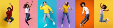 Değişen geçmişleri olan bir grup neşeli genç, renkli arka planlara sevinçle zıplıyor. Değişik ifadeleri mutluluk ve pozitifliği yansıtıyor, eğlenceli bir hava sergiliyor..