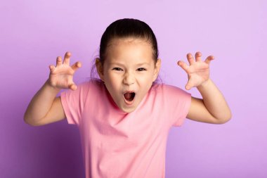 Eğleniyorum. Kaplanı taklit eden küçük Asyalı oyuncu kız. Kükreyerek ve suratını buruşturarak Pastel Mor Stüdyo Duvarı 'nın üzerinden geçiyor.