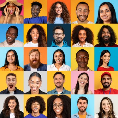 Neşeli, çok ırklı bireylerden oluşan canlı bir koleksiyon doğrudan izleyiciye gülümsüyor. Her insan, farklı arka planları neşeli bir şekilde temsil eden eşsiz bir mutluluk ifadesi getirir..