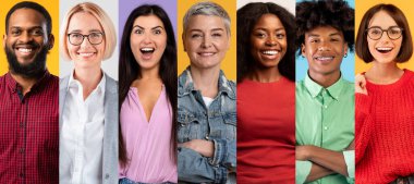 Farklı geçmişlerden gelen yedi neşeli birey mutluluklarını ve pozitifliklerini parlak, renkli bir geçmişe karşı sergiliyor. Her insan neşeyi ifade eder, neşeli bir gülümseme kolajı yaratır..