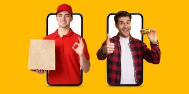 Alıcı çevrimiçi alışveriş için akıllı telefon uygulamasına bağlanır ve heyecanlı bir şekilde bir teslimat alır. Hizmetten memnun olan kişi, modern ekommerce deneyiminin altını çiziyor..