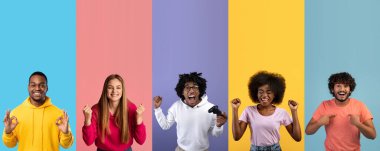 Değişik bir grup genç, enerjik bir kolajda neşe ve heyecan ifade ediyor..