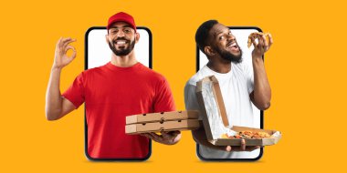 İki birey akıllı telefonlarıyla heyecan verici bir şekilde etkileşime geçerek yemek dağıtımı sergiliyorlar. Biri pizzanın tadını çıkaran bir müşteri, diğeri teslimat servisini temsil ediyor..