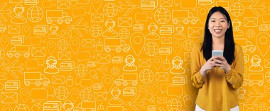 Alıcı akıllı telefonuyla çevrimiçi bir mağazaya girip alışveriş ve teslimat hizmetlerinin kolaylığını gösteriyor. Parlak arkaplan elementleri dijital ticareti vurguluyor.