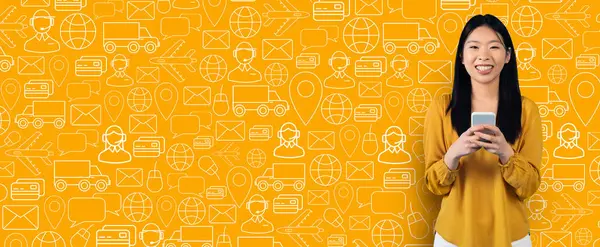 Alıcı akıllı telefonuyla çevrimiçi bir mağazaya girip alışveriş ve teslimat hizmetlerinin kolaylığını gösteriyor. Parlak arkaplan elementleri dijital ticareti vurguluyor.