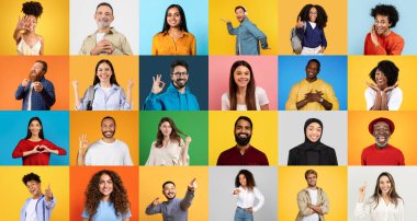 Çeşitli duyguları ifade eden farklı bireylerden oluşan canlı bir koleksiyon..