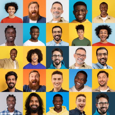 Canlı bir kolajda çeşitli geçmişlerden gülümseyen adamlar sergileniyor. Koleksiyonda çeşitlilik ve kapsayıcılık vurgulanıyor, neşe ve birlik kutlanıyor