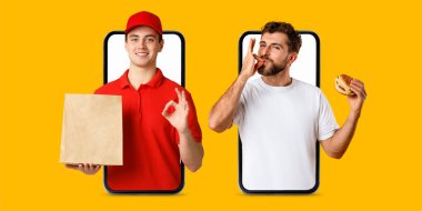 Alıcı internet üzerinden akıllı telefon kullanarak alışveriş yapar. Teslimatçı, müşteri yemeğin tadını çıkarırken bir poşet içinde alışveriş yapar. Parlak arka plan kolaj duygusunu arttırır..