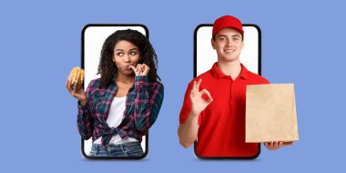 Alıcı bir akıllı telefon uygulaması ile etkileşime geçiyor, bir yiyecek parçasını tutarken heyecanı gösteriyor. Teslimatçı, ticarette kolaylık olduğunu vurgulayarak mükemmel hizmet vermeye hazır duruyor..