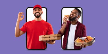 İki adam akıllı telefonlarıyla online alışverişe girişiyor. Bir adam pizza kutularını tutarken, diğeri de bir dilim pizza yiyor. Yemek dağıtımının kolaylığını gösteriyor..