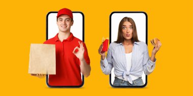 Bir müşteri akıllı telefonuyla online alışveriş uygulaması ile iletişim kurar. Teslimatçı çocuk iyi jest yapıyor.