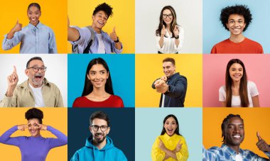 Canlı bir koleksiyonda çeşitli bireyler neşeli duygular sergiliyor..