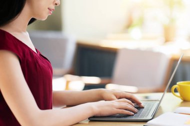 Çevrimiçi Yazışmalar. Kafede dizüstü bilgisayar kullanan Asyalı kadın, iş e-postalarına cevap veriyor, kırpılmış resim, boş alanlı kenar görünümü