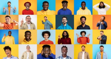 Çeşitli geçmişlerden gülümseyen bir grup adam neşe ve çeşitliliği ifade eder. Bu canlı arka plan, farklılıklar arasındaki pozitif enerji ve birliği arttırır..