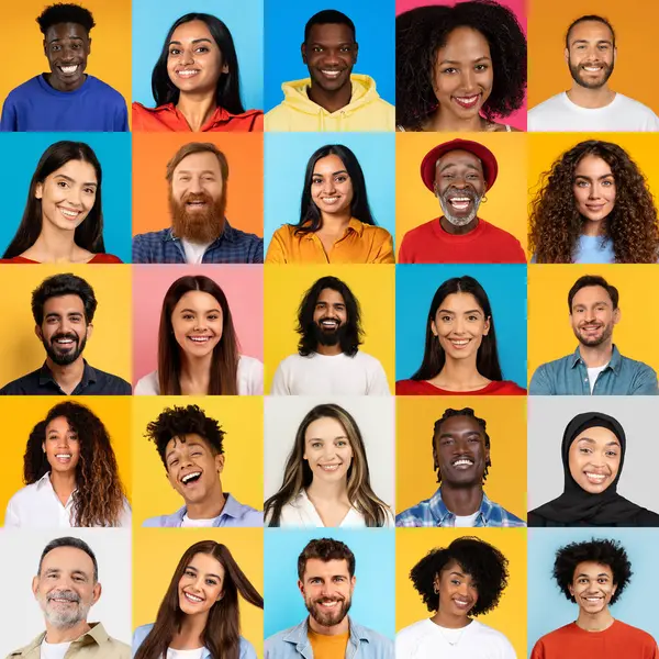 Renkli bir koleksiyonda farklı geçmişlere sahip çeşitli erkek ve kadınlar sergileniyor, hepsi içten gülümsüyor..