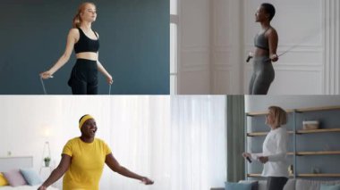 Evde atletizm egzersizlerine katılan farklı geçmişlere sahip bireylerin yer aldığı bir kolaj. İp atlayıp idman yapıyorlar. Sağlıklı bir hayat sürüyorlar..