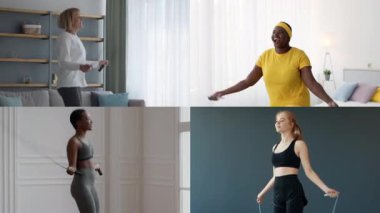 Dört birey, ev ortamında canlı bir atmosfer sergileyerek içeride çeşitli egzersiz rutinlerine girişiyor. Atletizmi ve sağlıklı bir yaşam tarzına bağlılığı gösteriyorlar..