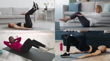 Bir kolaj, farklı geçmişlere sahip bireylerin kapalı alanda fitness faaliyetlerini göstermektedir. Her insan farklı egzersizler sergiler, sağlıklı bir yaşam tarzını ve ev egzersizlerini vurgular..