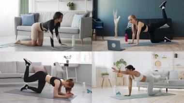 Çeşitli bireyler ev ortamında kapalı alanda atletizm egzersizleri yapıyorlar. Konforlu bir ortamda güç, esneklik ve sağlıklı yaşam tarzı seçimlerine odaklanırlar..
