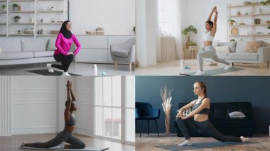 Konforlu bir ev ortamında çeşitli atletizm egzersizleri yapan bir grup birey. Kurulum sağlıklı yaşam ve çeşitlilik rutinlerini vurguluyor..