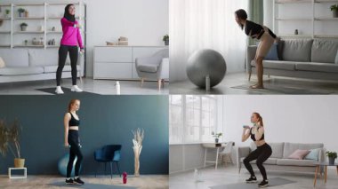 Dört kişi evde farklı atletizm antrenmanlarına katılıyor, fitness 'e bağlılıklarını gösteriyorlar. Her insan modern kapalı bir ortamda sağlıklı bir yaşam için çeşitli ekipmanlar kullanır..