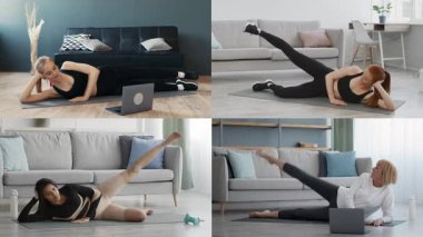 Kapalı alanda spor yapan farklı bireyleri gösteren bir kolaj. Her insan rahat bir ev ortamında sağlıklı bir yaşam tarzını somutlaştırmak için spor ve hareketlere odaklanır..