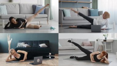 Dört birey, atletizmi ve sağlıklı yaşamı vurgulayarak, evde çeşitli fitness rutinlerine girişiyor. Güdümlü egzersizler için paspas ve dizüstü bilgisayar kullanıyorlar..