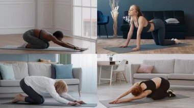 Çeşitli bireylerden oluşan bir grup içeride yoga minderleri üzerinde çeşitli fitness rutinleri uyguluyor. Dekor modern mobilya ve doğal ışık içeriyor, egzersiz için enerji verici bir atmosfer yaratıyor..